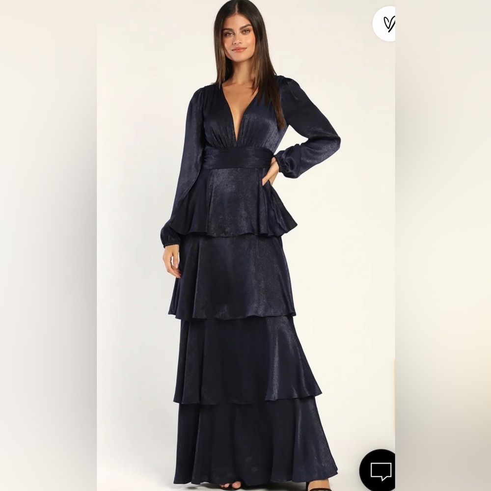 Lulus Tier For Love Navy Blue Satin Long Sleeve Tiered Maxi Dress